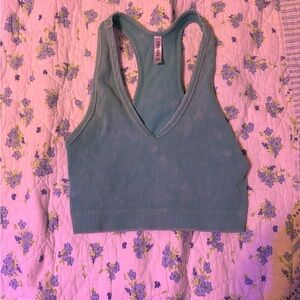 Teal Ribbed V-Neck Crop Top